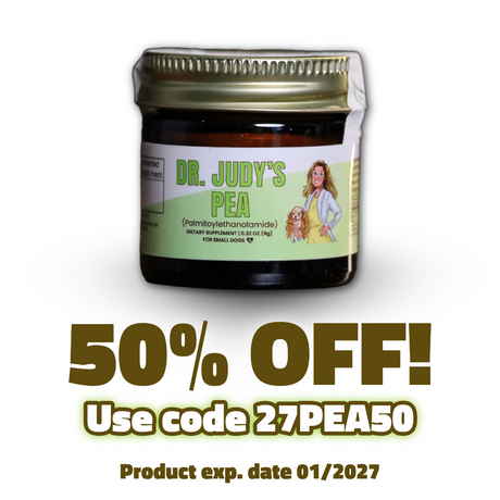 A jar labeled Dr. Judy’s PEA (Palmitoylethanolamide) for Small Dogs - 9g, featuring a cartoon of a woman with her dog, is shown. Text reads: 50% OFF! Use code 27PEA50 and Product exp. date 01/2027. This PEA supplement is designed to provide immune support for your furry friend, harnessing the benefits of Palmitoylethanolamide (PEA).