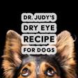 A close-up of a dog’s face with large, expressive eyes and ears up, featuring the text “Dr. Judy's Dry Eye Diet Recipe” on a black background—created with Animal Diet Formulator and available as a free PDF download.