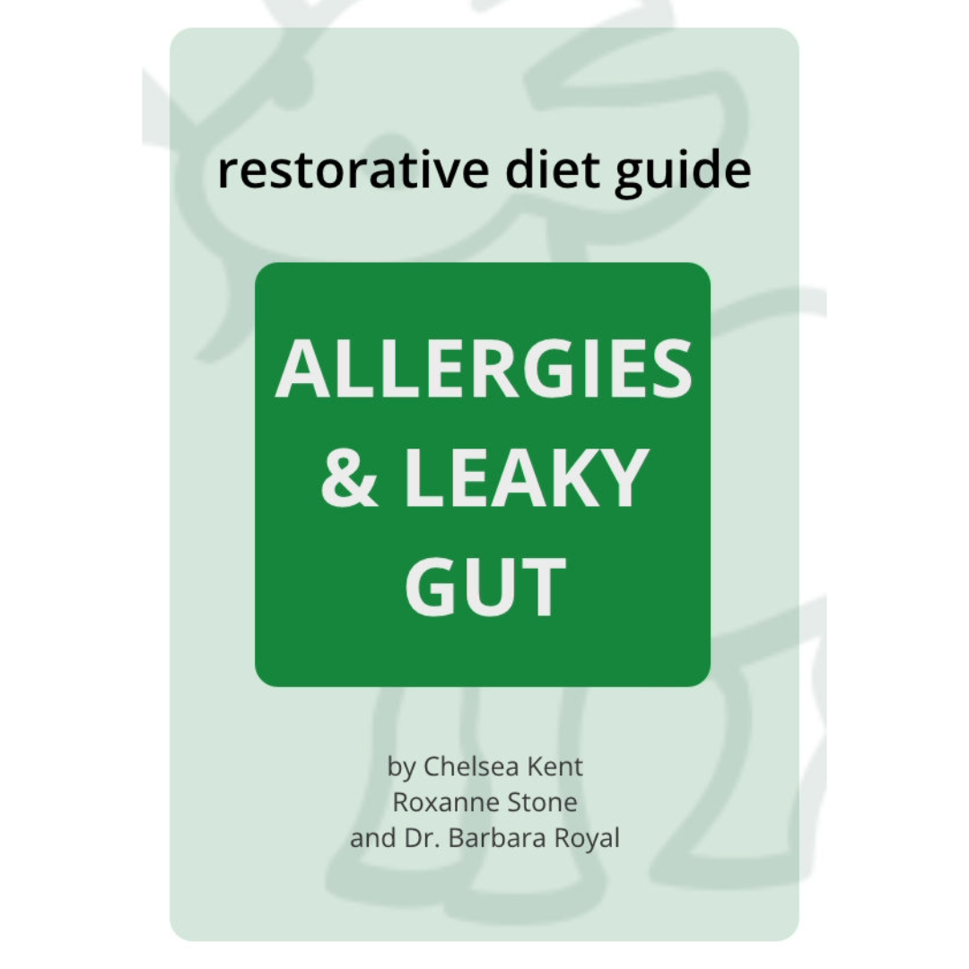 PDF cover titled Allergies & Leaky Gut Diet Guide from Solutions Pet Products by Chelsea Kent, Roxanne Stone, and Dr. Barbara Royal, featuring a green goat line drawing.