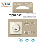 The packaging for Tickless Home | Ultrasonic Dust Mite, Flea, & Tick Repellent for Dogs & Cats showcases a sleek white ultrasonic plug-in device, highlighted by icons of a dog, a cat, and a bed. The text indicates its effectiveness in repelling ticks and fleas as well as addressing dust mite allergies in pets. A Certified Plastic Neutral Product badge is prominently displayed in the top left corner.