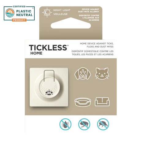 The packaging for Tickless Home | Ultrasonic Dust Mite, Flea, & Tick Repellent for Dogs & Cats showcases a sleek white ultrasonic plug-in device, highlighted by icons of a dog, a cat, and a bed. The text indicates its effectiveness in repelling ticks and fleas as well as addressing dust mite allergies in pets. A Certified Plastic Neutral Product badge is prominently displayed in the top left corner.