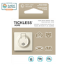 The packaging for Tickless Home | Ultrasonic Dust Mite, Flea, & Tick Repellent for Dogs & Cats showcases a sleek white ultrasonic plug-in device, highlighted by icons of a dog, a cat, and a bed. The text indicates its effectiveness in repelling ticks and fleas as well as addressing dust mite allergies in pets. A Certified Plastic Neutral Product badge is prominently displayed in the top left corner.