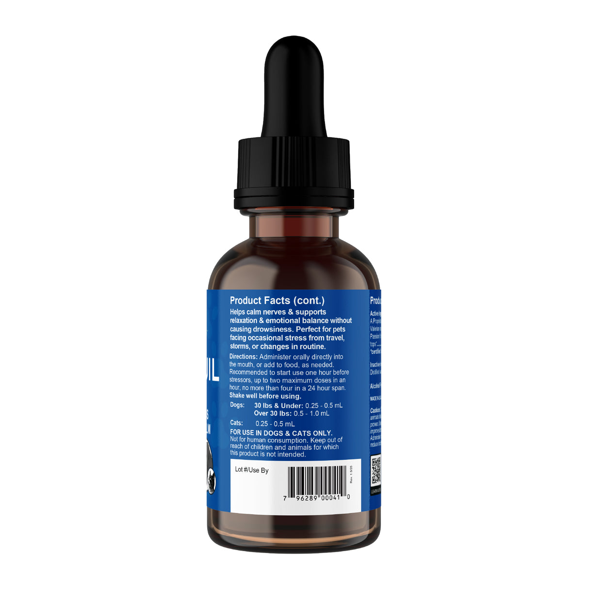 A brown glass dropper bottle with a black cap and blue label displaying product details, directions, and usage instructions for Animal Essentials | Tranquil Times Herbal Tonic - 2oz, a natural calming supplement formulated to support stress relief in pets.