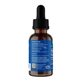 A brown glass dropper bottle of Animal Essentials | Tranquil Times Herbal Tonic - 2oz, featuring a blue label with product facts and ingredients visible from the side. The black cap includes a built-in dropper designed for easy dispensing of this natural calming supplement, providing effective stress relief for pets.