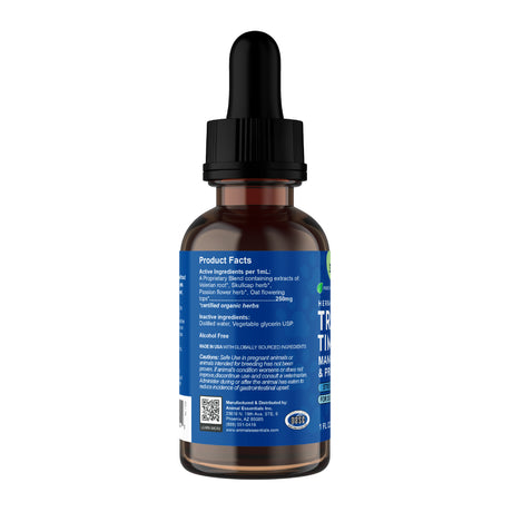 A brown glass dropper bottle of Animal Essentials | Tranquil Times Herbal Tonic - 2oz, featuring a blue label with product facts and ingredients visible from the side. The black cap includes a built-in dropper designed for easy dispensing of this natural calming supplement, providing effective stress relief for pets.