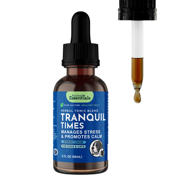 A brown glass dropper bottle labeled “Animal Essentials | Tranquil Times Herbal Tonic - 2oz” for dogs and cats, with a dropper releasing a drop of liquid beside it. The label highlights stress management and calm promotion, making it the perfect natural calming supplement for pet owners seeking effective stress relief for their animals.