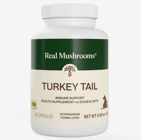 A white bottle labeled Real Mushrooms | Organic Turkey Tail Capsules - 90 Count, featuring immune support for dogs and cats with high levels of beta-glucans from Organic Turkey Tail Extract, contains 90 capsules for pets and is accented in dark green and beige.