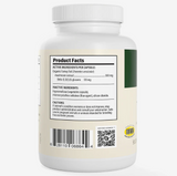 White supplement bottle featuring the product facts, active and inactive ingredients such as Organic Turkey Tail Extract rich in beta-glucans, along with a barcode, QR code, and caution information. The primarily white label with black text clearly displays details for the Real Mushrooms | Organic Turkey Tail Capsules – 90 Count, specifically formulated mushroom capsules for pets.