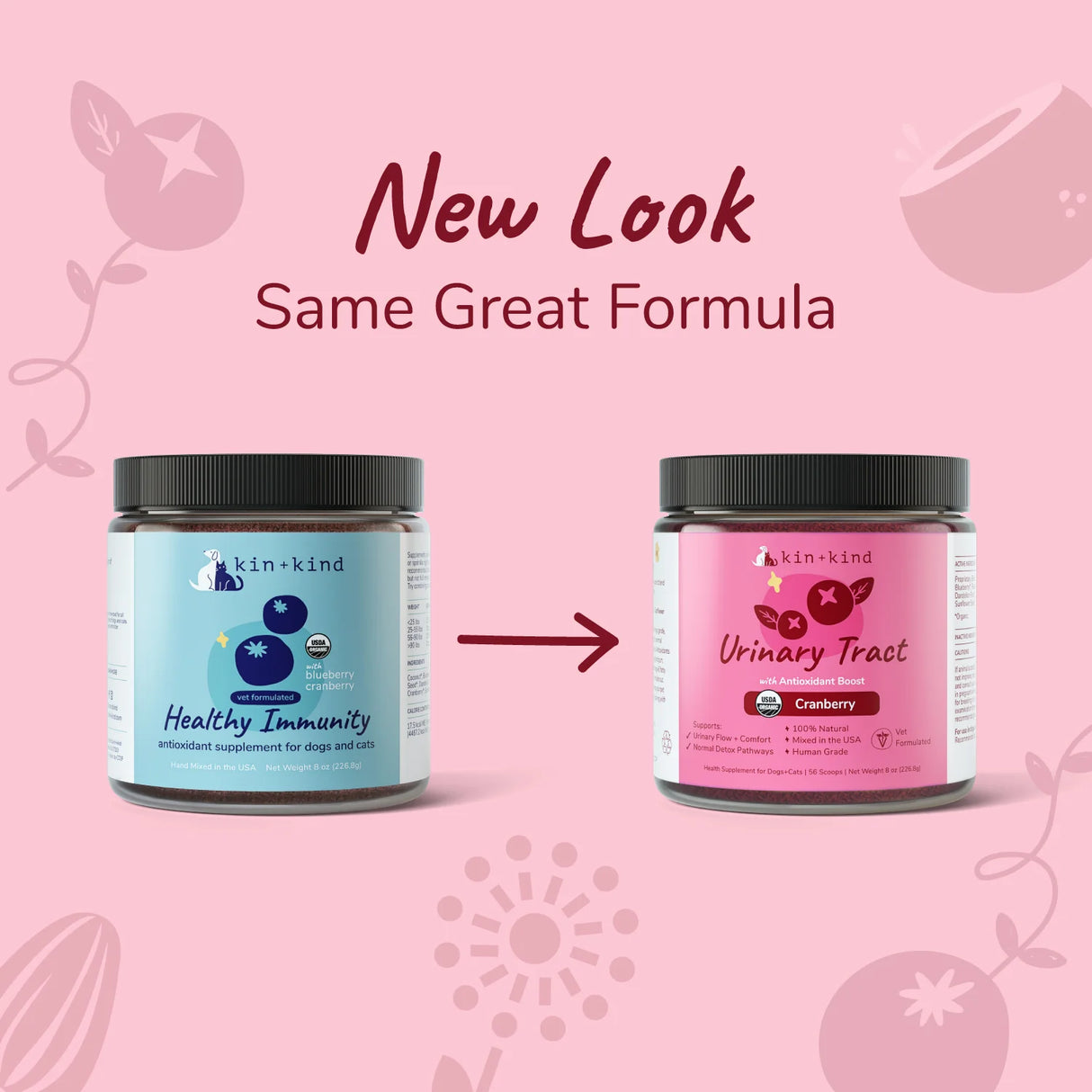 Two supplement jars are shown: one labeled Healthy Immunity in blue and the other kin+kind Urinary Tract with Antioxidant Boost in pink, with an arrow pointing from the blue jar to the pink. Text above reads, New Look, Same Great Formula. This USDA organic pet supplement supports your pet’s wellness with superfoods for pets and helps maintain urinary tract health.
