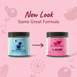 Two supplement jars are shown: one labeled Healthy Immunity in blue and the other kin+kind Urinary Tract with Antioxidant Boost in pink, with an arrow pointing from the blue jar to the pink. Text above reads, New Look, Same Great Formula. This USDA organic pet supplement supports your pet’s wellness with superfoods for pets and helps maintain urinary tract health.