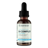 A 2oz brown glass dropper bottle labeled “Veterinarian’s Apawthecary | B Complex Liquid Vitamins for Dogs & Cats,” featuring a black cap and a white label with benefits and dosage information. This specialized liquid B-Complex formula delivers essential B vitamins to support overall wellness and energy in pets.