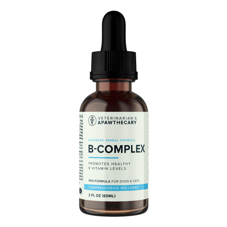A 2oz brown glass dropper bottle labeled “Veterinarian’s Apawthecary | B Complex Liquid Vitamins for Dogs & Cats,” featuring a black cap and a white label with benefits and dosage information. This specialized liquid B-Complex formula delivers essential B vitamins to support overall wellness and energy in pets.