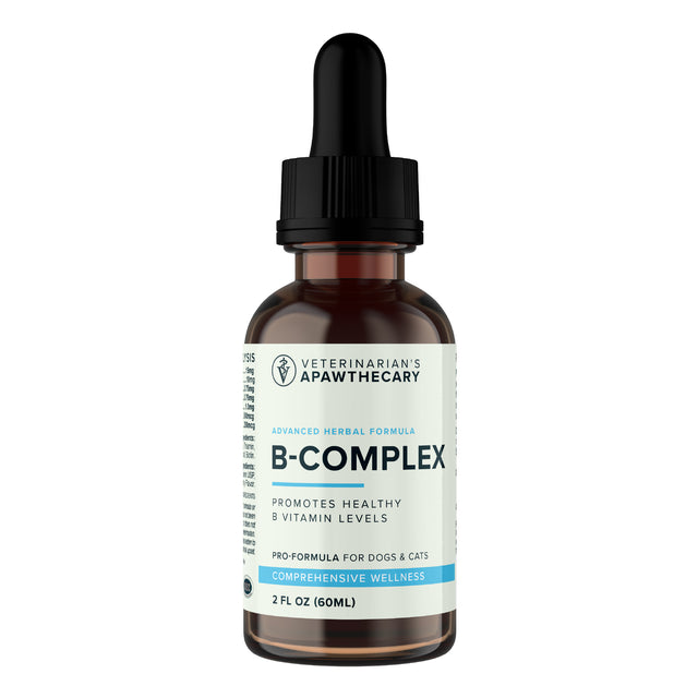 A 2oz brown glass dropper bottle labeled “Veterinarian’s Apawthecary | B Complex Liquid Vitamins for Dogs & Cats,” featuring a black cap and a white label with benefits and dosage information. This specialized liquid B-Complex formula delivers essential B vitamins to support overall wellness and energy in pets.
