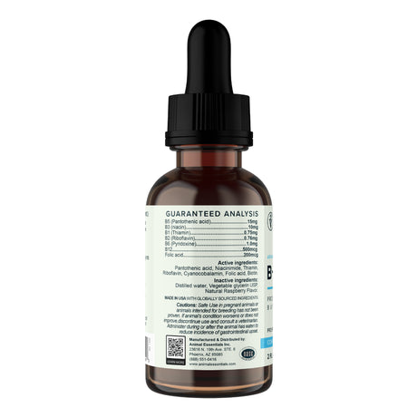 A brown glass dropper bottle with a black cap, labeled as “Veterinarian’s Apawthecary | B Complex Liquid Vitamins for Dogs & Cats - 2oz.” The label displays active ingredients, guaranteed analysis, dosage instructions, and emphasizes its B-Complex formula, which provides essential B vitamins to help support your pet’s overall energy and vitality. The label also features a barcode and website information.
