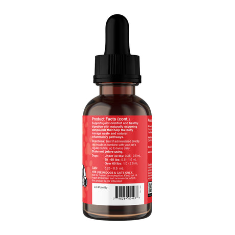 A brown glass dropper bottle with a black cap and a red label displays dosing instructions and product facts for pets. The label, featuring a barcode and a paw print graphic, identifies the formula as Animal Essentials | Yucca Herbal Tonic - 2oz, a plant-based pet supplement that provides joint support for pets.