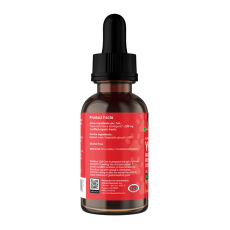 A brown glass dropper bottle of Animal Essentials | Yucca Herbal Tonic - 2oz features a closed black dropper cap and a red label with mostly white text showing product facts, supplement information, a QR code, and a barcode. This plant-based pet supplement is specially formulated to provide joint support for pets.