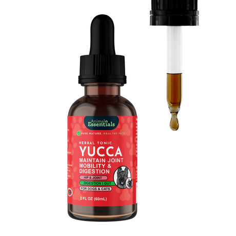 A 2oz brown glass bottle of Animal Essentials | Yucca Herbal Tonic with a red label is shown, featuring a dropper dispensing brown liquid—this plant-based supplement is formulated to provide joint support for dogs and cats.