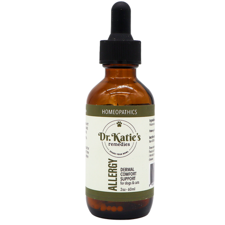 Amber glass dropper bottle for Dr. Katie’s Remedies | Allergy - Dermal Comfort Support, an allergy remedy for dogs and cats.