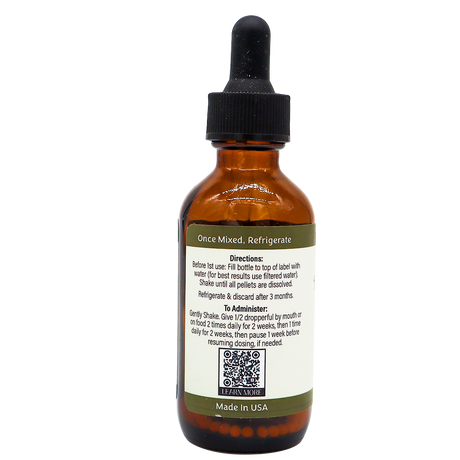 Amber glass dropper bottle of Dr. Katie’s Remedies | Allergy - Dermal Comfort Support, featuring a label with administration directions and a QR code.
