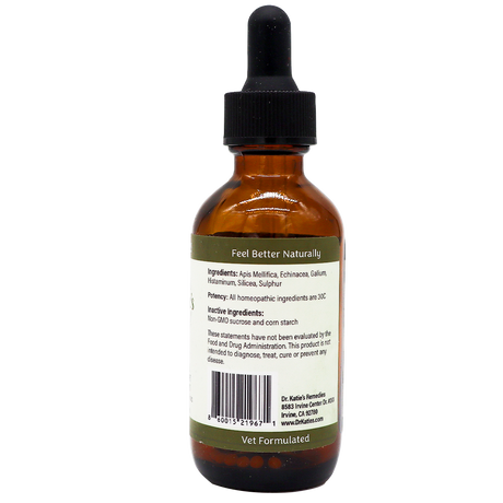 Amber glass dropper bottle of Dr. Katie’s Remedies | Allergy - Dermal Comfort Support homeopathic pellets, showing the ingredient list and product information on the label.