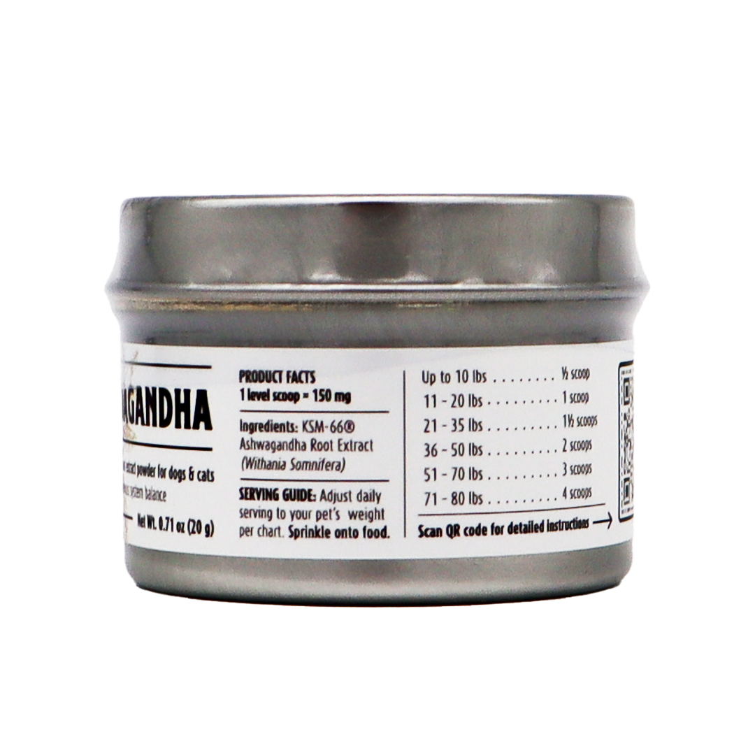A silver tin of Woof Creek | Ashwagandha Root Extract Powder for Dogs + Cats features a pet-friendly label displaying ingredients and serving guidelines, emphasizing its role as a natural stress reliever for pets. The label provides dosage instructions based on your pet’s weight—whether you’re using ashwagandha for dogs or cats—and includes a QR code for additional information.