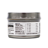A silver tin of Woof Creek | Ashwagandha Root Extract Powder for Dogs + Cats features a pet-friendly label displaying ingredients and serving guidelines, emphasizing its role as a natural stress reliever for pets. The label provides dosage instructions based on your pet’s weight—whether you’re using ashwagandha for dogs or cats—and includes a QR code for additional information.