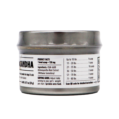 A silver tin of Woof Creek | Ashwagandha Root Extract Powder for Dogs + Cats features a pet-friendly label displaying ingredients and serving guidelines, emphasizing its role as a natural stress reliever for pets. The label provides dosage instructions based on your pet’s weight—whether you’re using ashwagandha for dogs or cats—and includes a QR code for additional information.