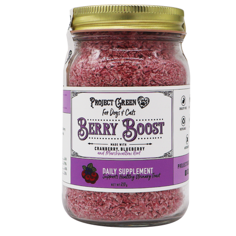 A 210g jar of Project Sudz | Berry Boost Urinary Support for Dogs and Cats, featuring pink, flaky contents and a white label with purple accents, formulated with wholesome cranberry, blueberry, and marshmallow root ingredients.