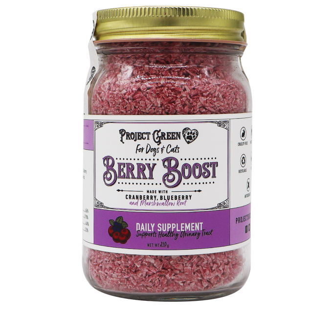 A 210g jar of Project Sudz | Berry Boost Urinary Support for Dogs and Cats, featuring pink, flaky contents and a white label with purple accents, formulated with wholesome cranberry, blueberry, and marshmallow root ingredients.