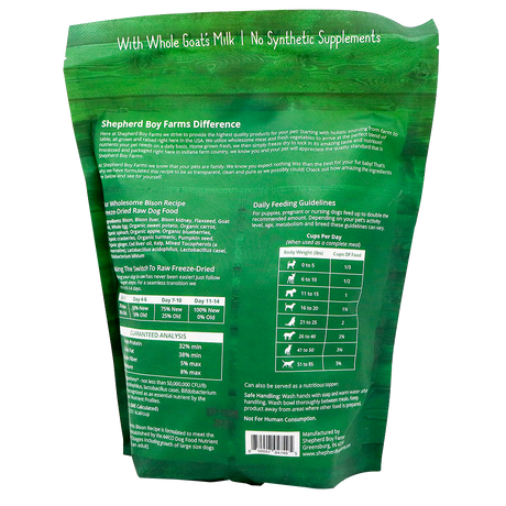 Back of a green Shepherd Boy Farms Freeze-Dried Bison Recipe - 14oz dog food bag showing product info, feeding guidelines by weight, ingredients, nutrition analysis, and "With Whole Goats Milk | No Synthetic Supplements" at the top.