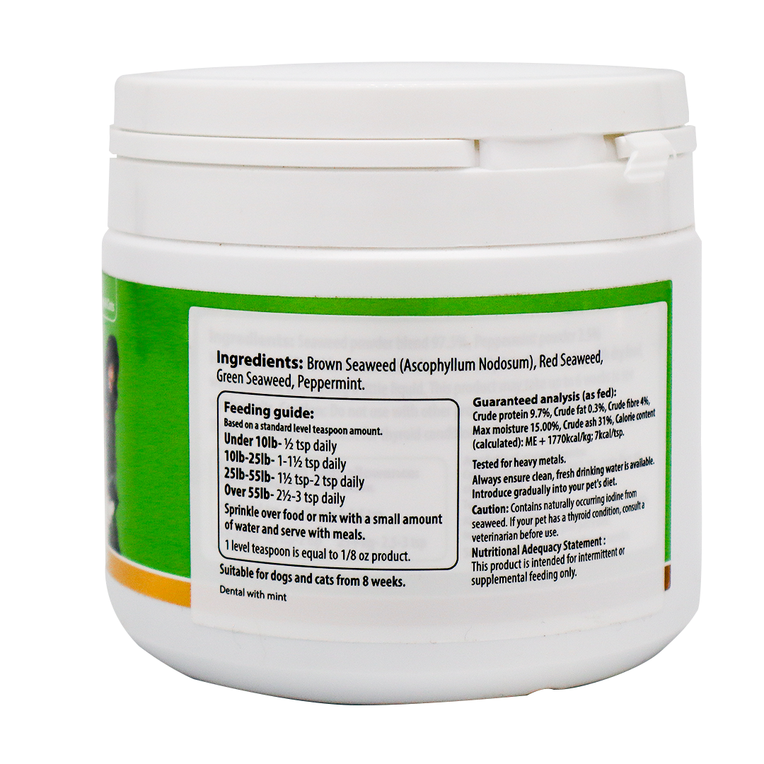 The white container of KarnLea | Dental with Mint Powder - 200g features a green label with ingredients, feeding guide, daily dosage, and product info. Contains brown/red/green seaweed and peppermint—simply sprinkle over pet food for easy use.