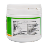 The white container of KarnLea | Dental with Mint Powder - 200g features a green label with ingredients, feeding guide, daily dosage, and product info. Contains brown/red/green seaweed and peppermint—simply sprinkle over pet food for easy use.
