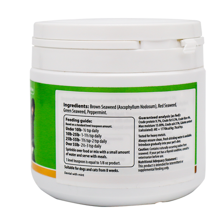 The white container of KarnLea | Dental with Mint Powder - 200g features a green label with ingredients, feeding guide, daily dosage, and product info. Contains brown/red/green seaweed and peppermint—simply sprinkle over pet food for easy use.