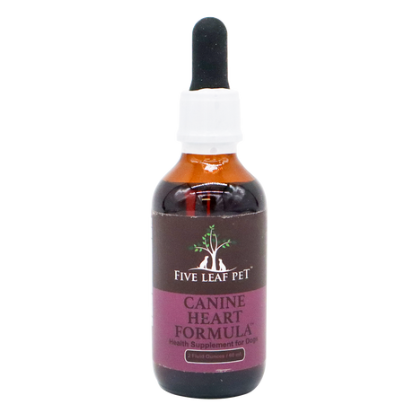 A bottle labeled Five Leaf Botanicals | Canine Heart Health Program, featuring a black dropper cap and containing 2 fluid ounces, is displayed against a plain white background. This herbal dog heart support supplement provides natural heart health support to help promote optimal canine cardiovascular wellness.