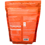 Back of a Shepherd Boy Farms | Chicken Recipe for Cats - 14oz package showing feeding guidelines, nutritional information, ingredients, and product details; the text highlights it contains whole goats milk and no synthetic supplements. Perfect for pet owners seeking freeze-dried cat food options, this product offers natural nutrition in a primarily orange package.