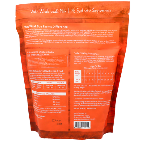 Back of a Shepherd Boy Farms | Chicken Recipe for Cats - 14oz package showing feeding guidelines, nutritional information, ingredients, and product details; the text highlights it contains whole goats milk and no synthetic supplements. Perfect for pet owners seeking freeze-dried cat food options, this product offers natural nutrition in a primarily orange package.
