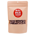 A brown resealable bag labeled Woof Creek Freeze-Dried Raw Duck Rewards | 2oz Pouch for Dogs + Cats, featuring visible brown treat pieces inside through a clear window. Perfect as high-value training rewards, these duck treats are irresistible for both dogs and cats.