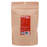 A brown resealable pouch labeled “Woof Creek Freeze-Dried Raw Duck Rewards | 2oz Pouch for Dogs + Cats” features a red and white label with nutritional information, a barcode, a QR code, and feeding instructions—making it easy for pet owners to offer their dogs or cats a high-value training reward or delicious treat.