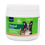 A white 200g container of KarnLea Dental with Mint Powder for dogs and cats, shown with cat and dog images on a green label. This natural supplement supports oral health and fresh breath using seaweed peppermint.