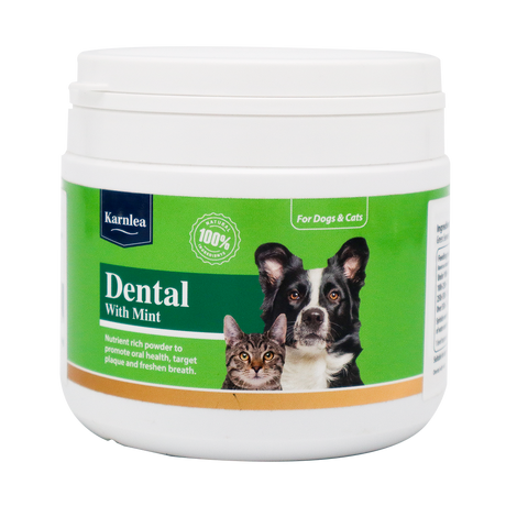 A white 200g container of KarnLea Dental with Mint Powder for dogs and cats, shown with cat and dog images on a green label. This natural supplement supports oral health and fresh breath using seaweed peppermint.