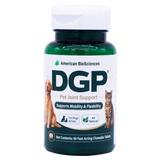 A green plastic bottle of Dog Gone Pain veterinarian-recommended joint support tablets, featuring images of a dog and a cat, text indicating it supports mobility and flexibility for both animals, and a count of 60 chewable tablets.