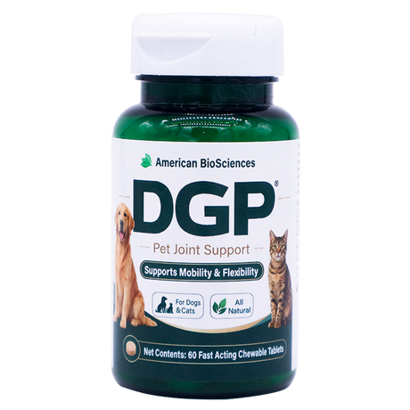 A green plastic bottle of Dog Gone Pain veterinarian-recommended joint support tablets, featuring images of a dog and a cat, text indicating it supports mobility and flexibility for both animals, and a count of 60 chewable tablets.