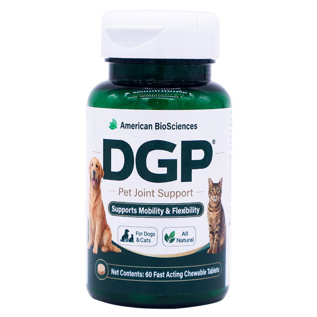 A green plastic bottle of Dog Gone Pain veterinarian-recommended joint support tablets, featuring images of a dog and a cat, text indicating it supports mobility and flexibility for both animals, and a count of 60 chewable tablets.