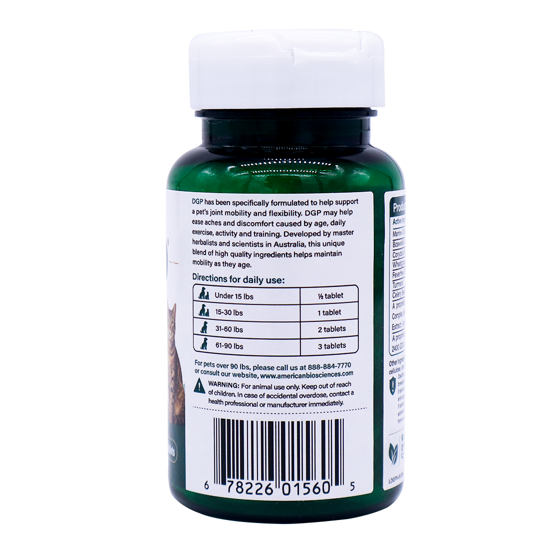 Back view of a green Dog Gone Pain all-natural pet supplement bottle showing daily dosage directions based on weight, a warning label, and a barcode.