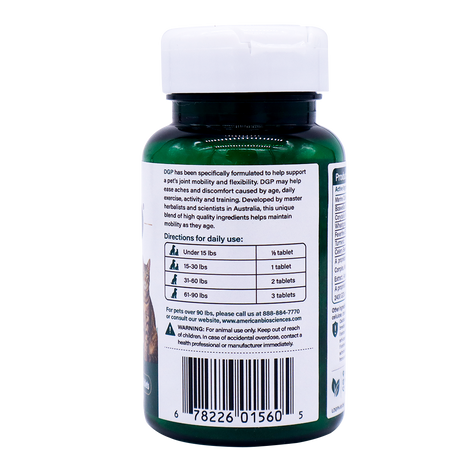 Back view of a green Dog Gone Pain all-natural pet supplement bottle showing daily dosage directions based on weight, a warning label, and a barcode.