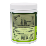 White plastic tub of Dog Greens- Organic and Wild Harvested Vitamin and Mineral Supplement for Dogs, showing the guaranteed analysis, ingredient list, and feeding chart on the label for this plant-based vitamin and mineral blend.