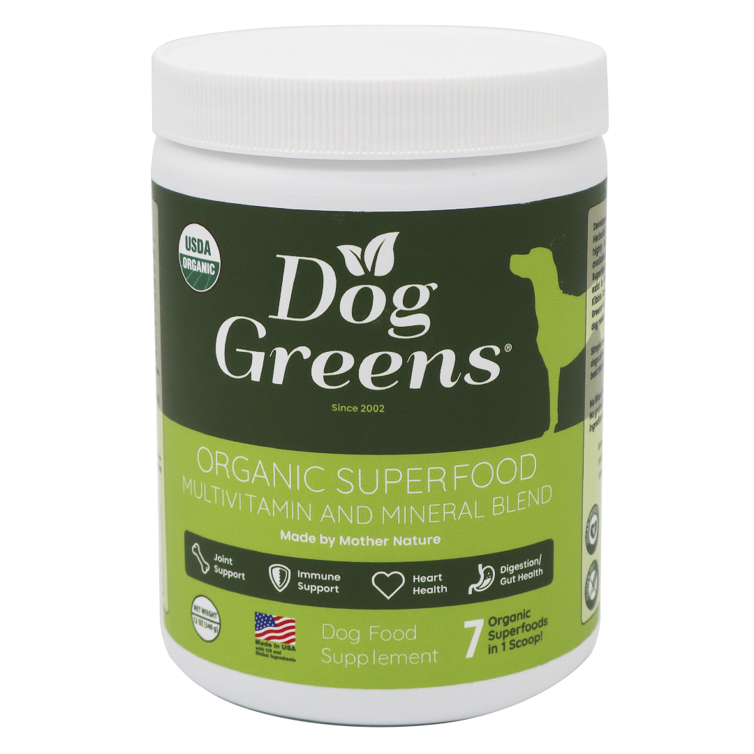 White plastic jar of Dog Greens- Organic and Wild Harvested Vitamin and Mineral Supplement for Dogs, a plant-based vitamin and mineral blend for dogs.