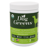White plastic jar of Dog Greens- Organic and Wild Harvested Vitamin and Mineral Supplement for Dogs, a plant-based vitamin and mineral blend for dogs.