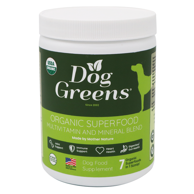 White plastic jar of Dog Greens- Organic and Wild Harvested Vitamin and Mineral Supplement for Dogs, a plant-based vitamin and mineral blend for dogs.