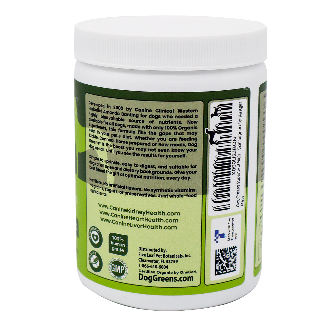 White plastic jar of Dog Greens- Organic and Wild Harvested Vitamin and Mineral Supplement for Dogs, featuring a green label with descriptions, ingredients, and a plant-based vitamin and mineral blend.